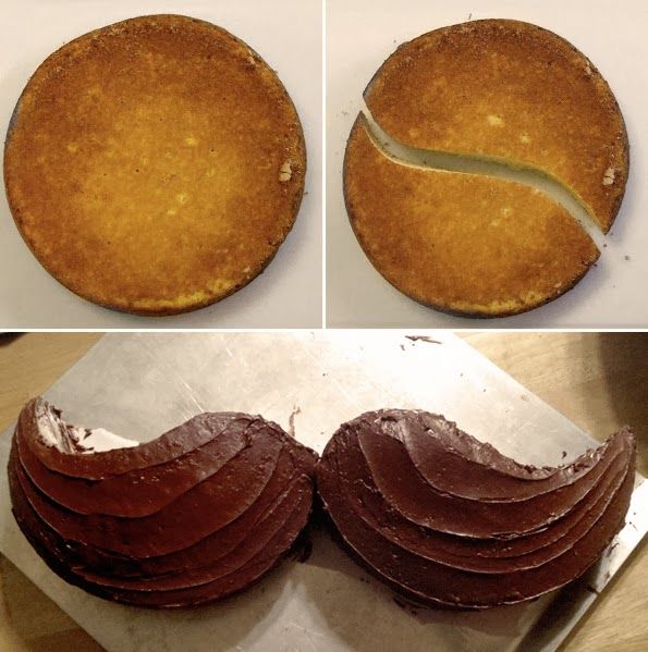 two pictures of a cake with chocolate icing on it and the same one has been cut in half