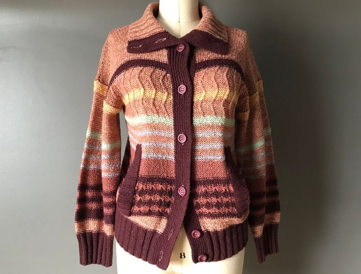 "Tag size L Measures  bust: 38\" unstretched  waist: 30\" unstretched" Retro Cardigan Outfit, Retro Fall Sweater, Retro Fitted Cardigan For Fall, Fitted Brown Retro Cardigan, Retro Fitted Cardigan For Winter, Fitted Vintage Knit Outerwear, Retro Fitted Knit Outerwear, Vintage Cardigan Outfit, Retro Cardigan