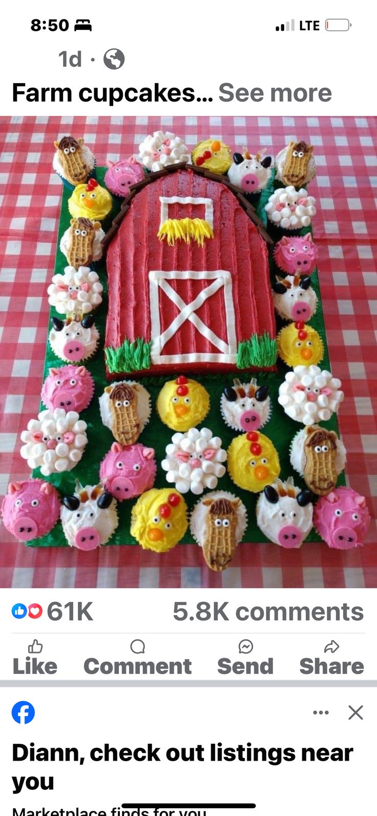 a cake made to look like a barn with farm cupcakes on the side