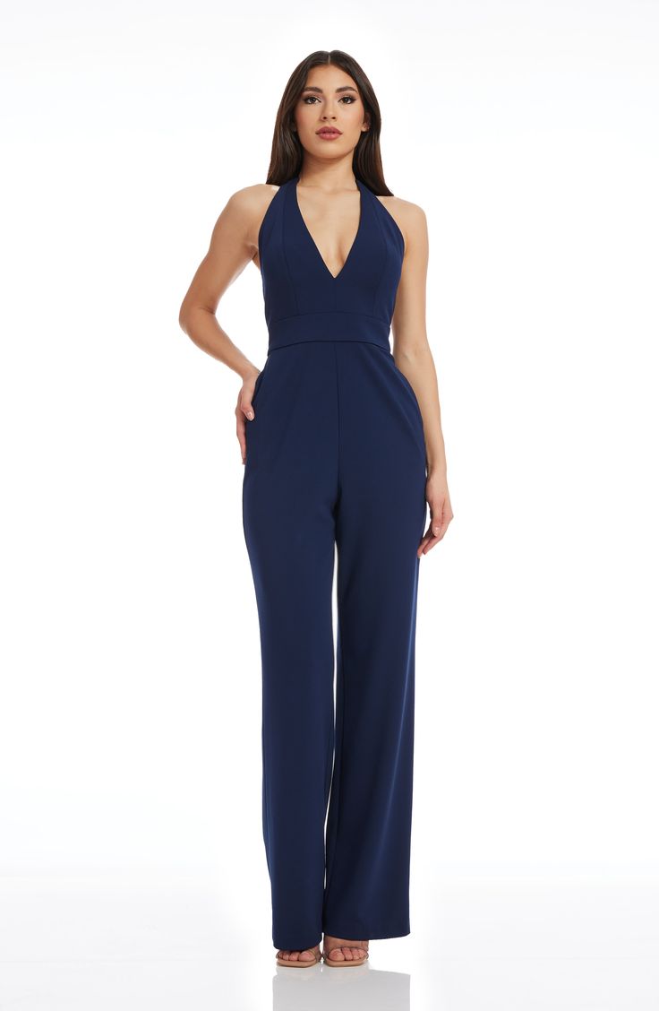 This Miller Halter Neckline Jumpsuit is a must-have fashion statement. Its deep plunge halter neckline and wide leg structure allow for a bold and stylish look, making it the perfect choice for a night out with friends. Make an impression and look your best with the Miller Halter Neckline Jumpsuit. Elegant Strapless V-neck Jumpsuit For Night Out, Elegant V-neck Cocktail Jumpsuits And Rompers, Chic V-neck Jumpsuits And Rompers For Gala, Chic V-neck Pantsuit For Party, Backless Jumpsuits And Rompers For Spring Formal, Backless Formal Jumpsuits And Rompers For Spring, Backless Formal Jumpsuit For Spring, Formal Backless Jumpsuit For Spring, Elegant V-neck Jumpsuit For Date Night