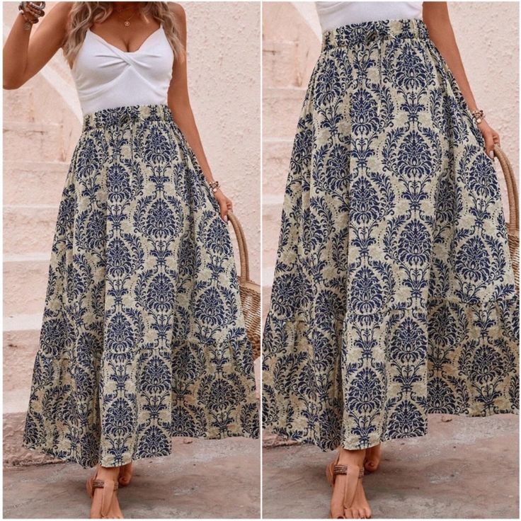 Boho Tribal Floral Print Maxi Skirt S M L Xl, 100% Polyester, Ships In 7-8 Days Blue Boho Print Maxi Skirt, Blue Boho Print Maxi Skirt For Vacation, Blue Boho Print Long Skirt, Bohemian Beige Maxi Skirt With Elastic Waistband, Bohemian Beige Skirt With Elastic Waistband, Spring Bohemian Cream Maxi Skirt, Beige Bohemian Skirt With Elastic Waistband, Bohemian Cream Maxi Skirt For Spring, Bohemian Beige Flared Maxi Skirt