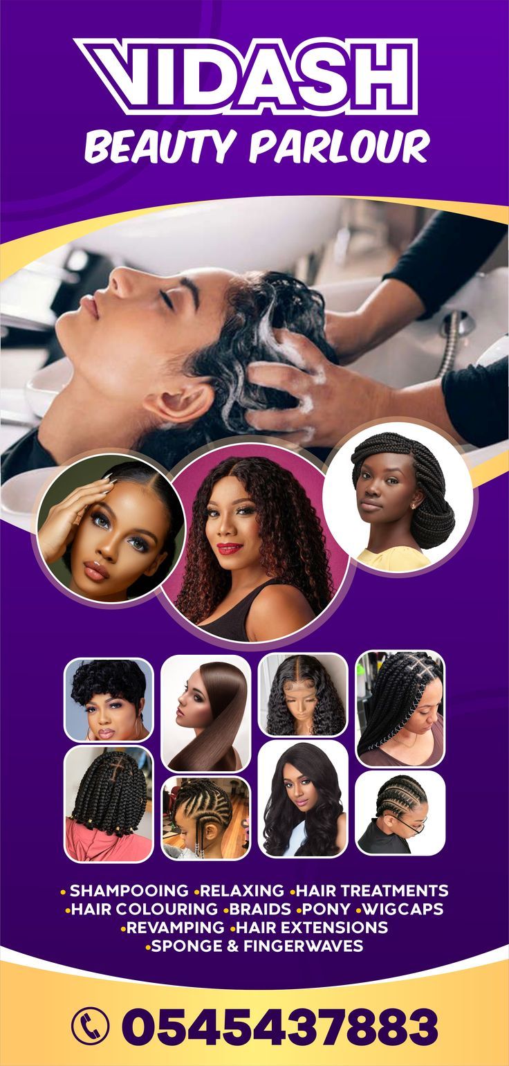 a flyer for a hair salon with images of women in the process of getting their hair done