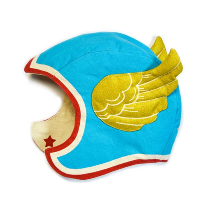 a blue and yellow helmet with wings on it