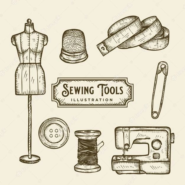 sewing tools and accessories are shown in this hand drawn sketch style illustration, which includes an old