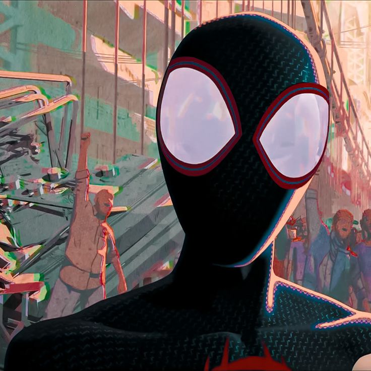 spider - man into the spider verse is shown in an animated scene with many people