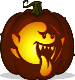 a cartoon pumpkin with an evil face on it's side and the words free below