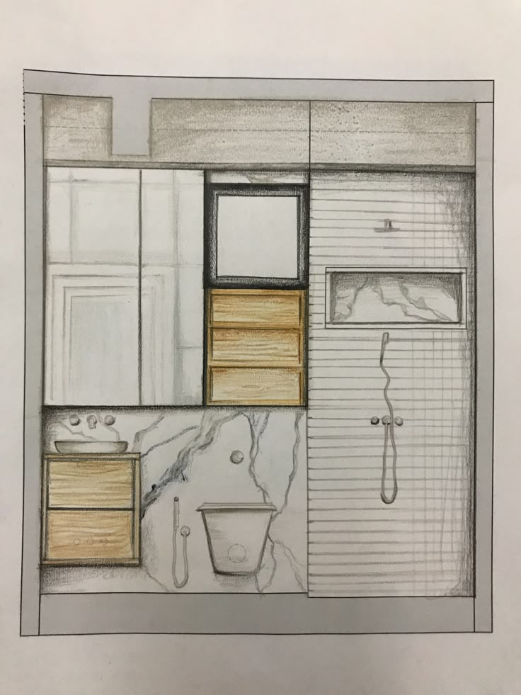 Hand rendered bathroom elevation Bathroom Rendering Design, Rendered Elevation Interior, Elevation Drawing Interior, Bedroom Elevation Drawing, Bathroom Elevation Drawing, Interior Elevation Drawing, Rendered Bathroom, Bathroom Elevation, Bathroom Rendering