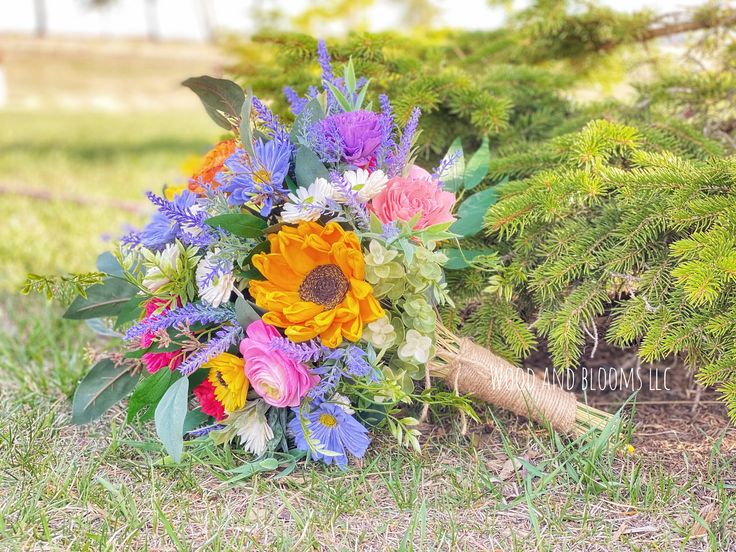 a bouquet of flowers sitting on the ground in front of some pine trees and bushes