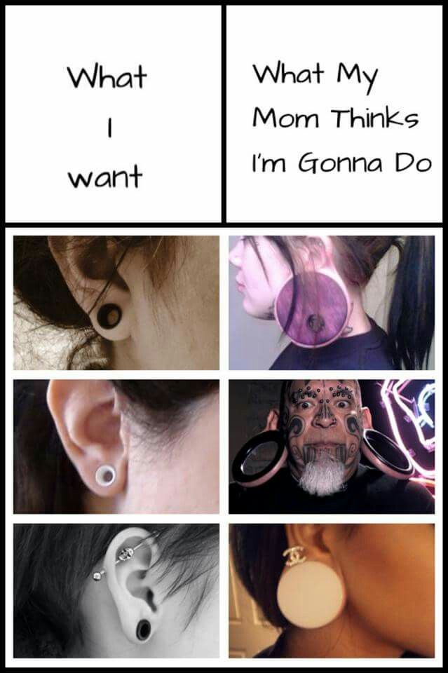 an image of some people with ear piercings on their ears and the words what my mom thinks i'm going to do