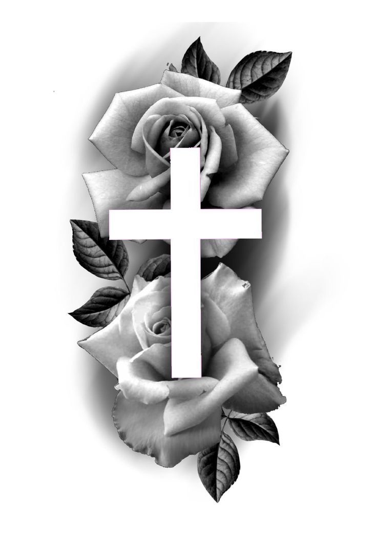 a cross and two roses with leaves on the bottom one is black and white, while the other is light gray