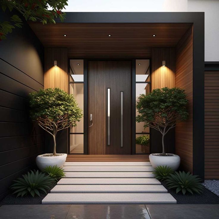 an entry way with two potted trees and steps leading to the front door is lit by recessed lights