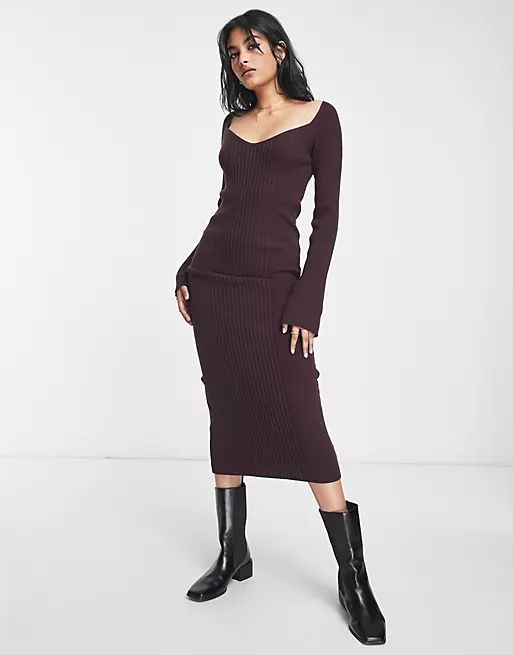 River Island sweetheart neck body-conscious dress in burgundy | ASOS Body Conscious, Neck Bodycon Dress, Sweetheart Neck, River Island, Peplum Dress, Access Denied, Must Haves, Asos, Bodycon Dress