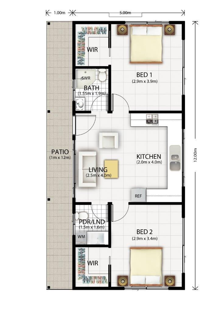 the floor plan for a small house with two bedroom and living room in one area