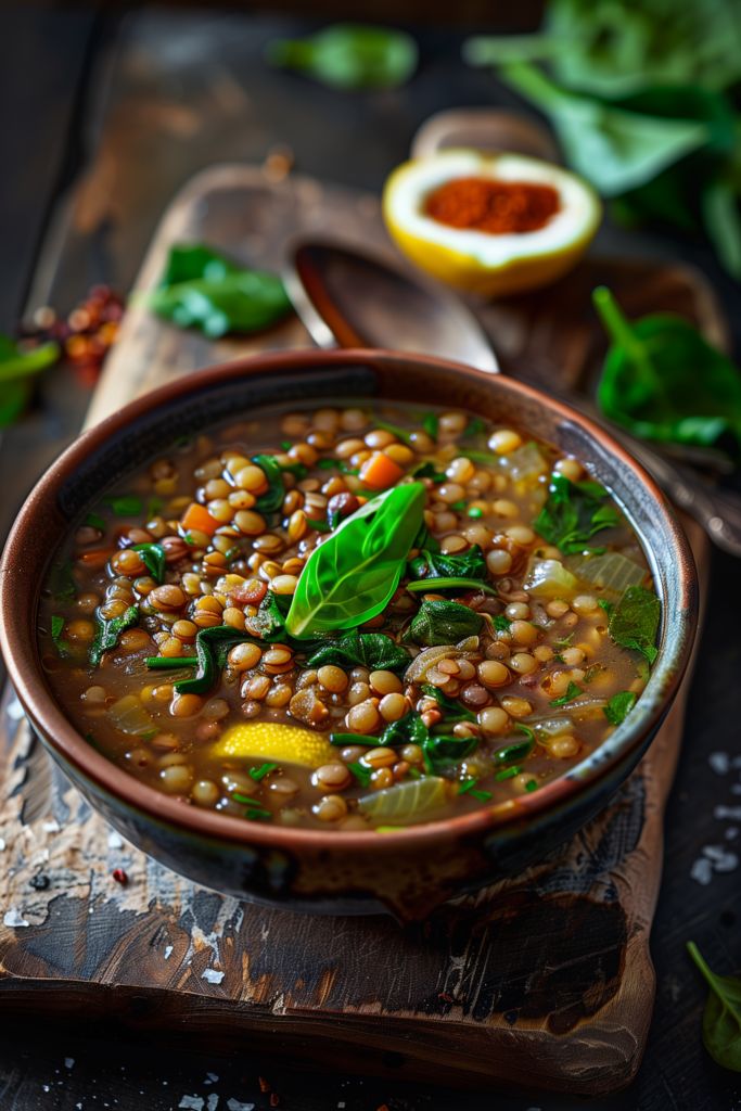 a bowl of soup with beans and spinach on a cutting board next to other vegetables