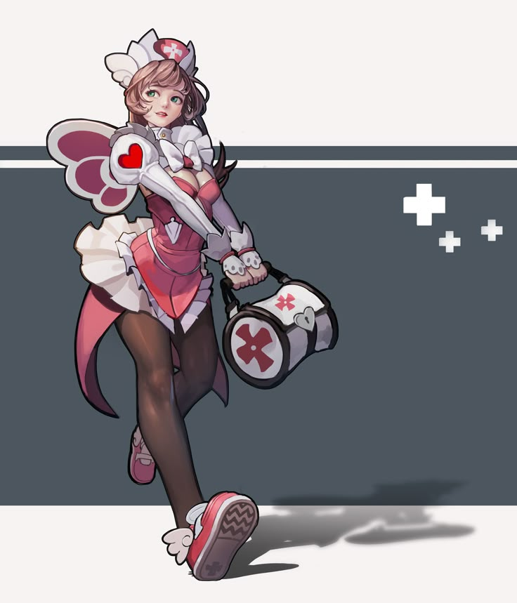 an anime character is dressed in pink and holding a nurse's bag, with the caption red cross on her chest