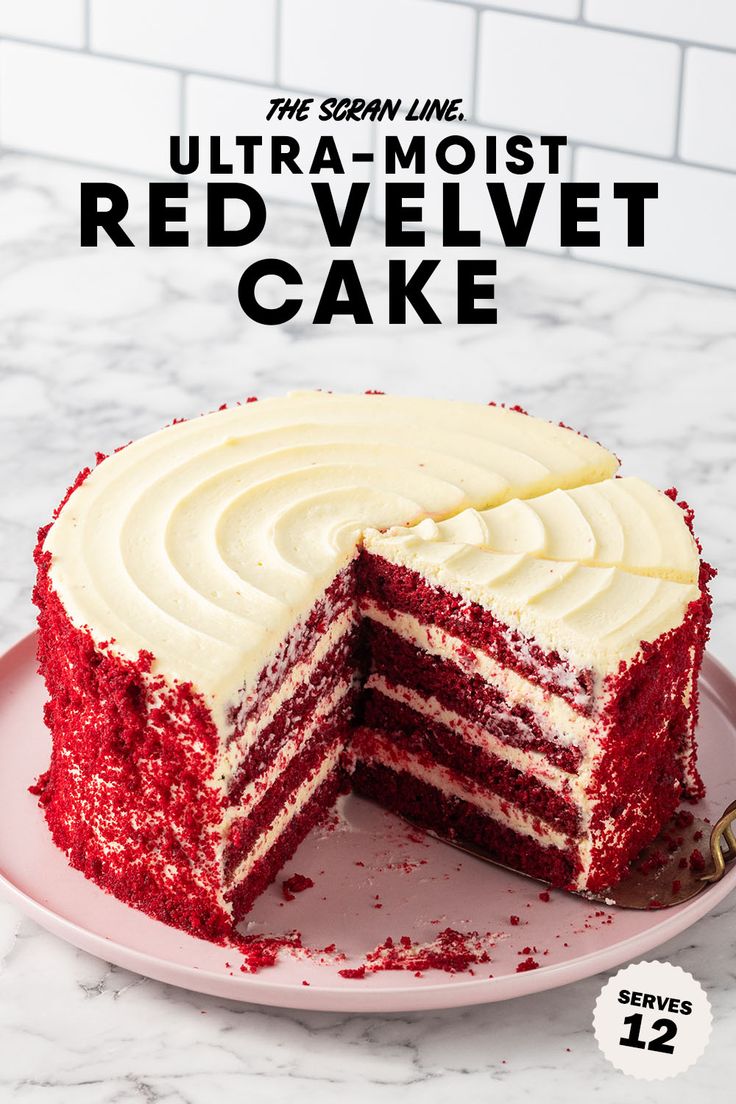 a red velvet cake on a plate with the words ultra - moist red velvet cake