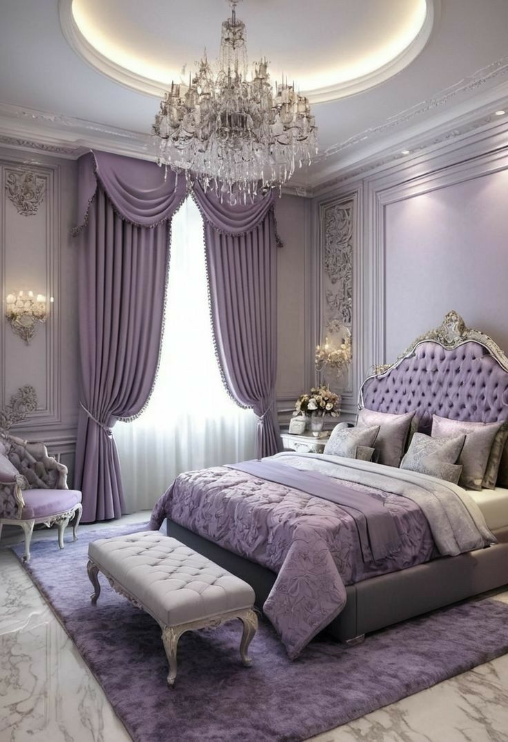 a luxurious bedroom with purple and white decor