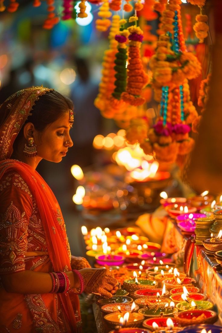 a woman standing in front of a table filled with candles