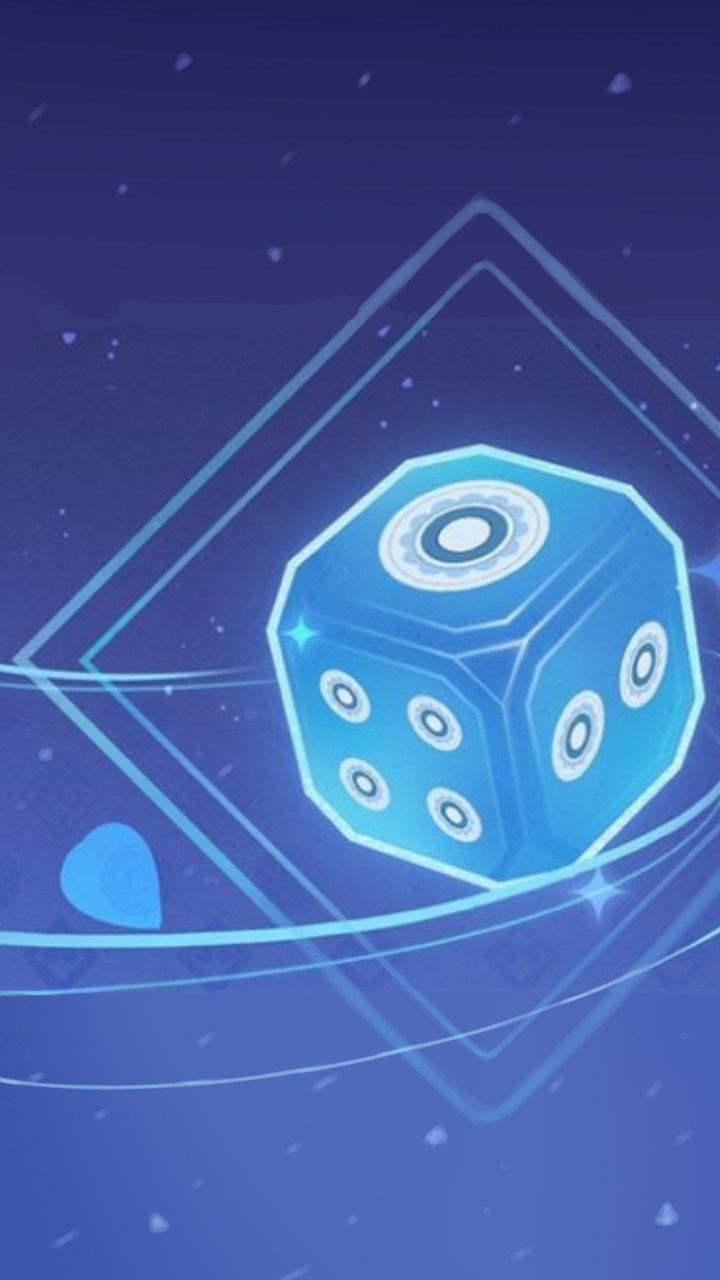 a blue dice floating in the air with stars and circles around it on a purple background