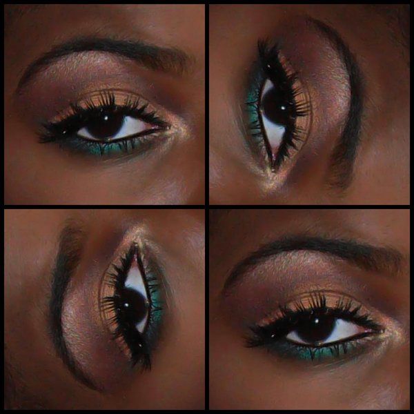 Dark Green Under Eye Makeup, Green Lipstick Looks On Black Women, Green And Gold Eye Makeup Black Women, Makeup For Pastel Green Dress, Green Eye Looks Black Women, Green And Gold Wedding Makeup, Natural Makeup With Green Eyeshadow, Light Green Outfit Makeup Look, Green Eyeliner Black Women