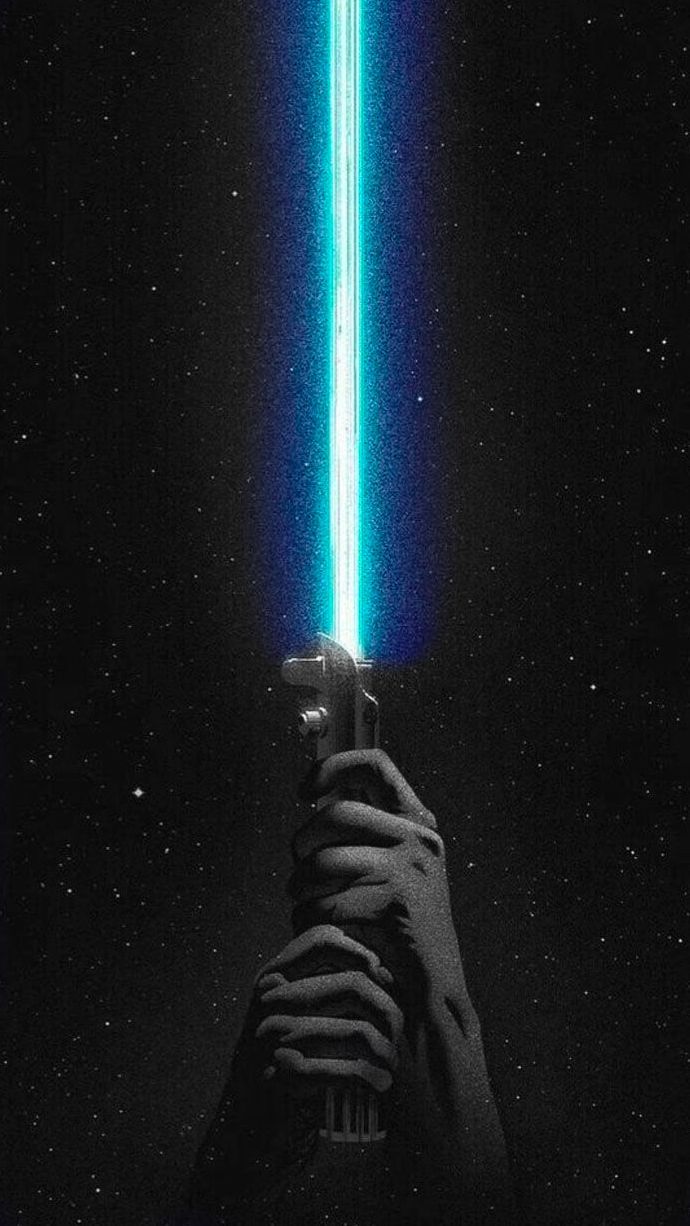 a person holding a cell phone in front of a blue light saber