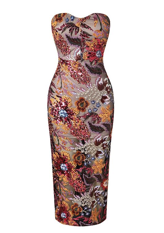 Strapless Floral Sequined Maxi Dress DESIGN: Color: Floral Strapless design Sleeveless Sequined Mesh insert Exposed zipper at back Body sculpting design Stretch Type: Stretchy Length: Maxi. Ankle-length MATERIAL: Silk + Polyester + Spandex High elasticity for a better fit. Delicate sewing and hemming by durable needle lockstitch machine. YKK zipper (known as the most durable and reliable zippers manufactured today). To maintain the beauty of your garment, please follow the care instructions on the attached label. Colour may vary due to lighting on images. The product images (without model) are closest to the true colour of the item.     * Order one size up for a relaxed fit. * Pay special attention on measurements to ensure proper fit. * If you are between two sizes the larg Autumn Pallet, Long Slim Dress, Sequin Long Dress, Runway Gowns, Gala Event, Sequin Evening Gowns, Fashion Things, Maxi Gown Dress, Slim Dress