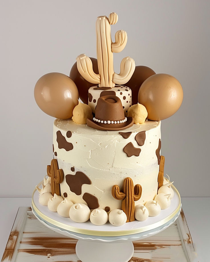 a cake decorated with brown and white decorations