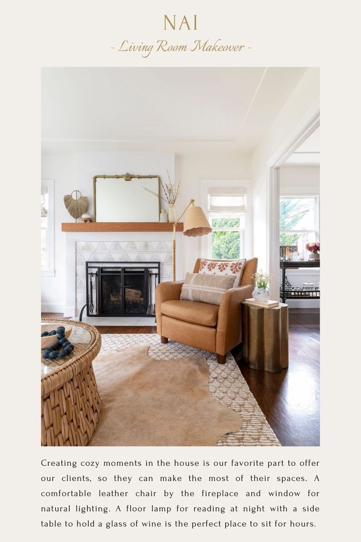 a living room filled with furniture and a fire place in front of a mirror on the wall