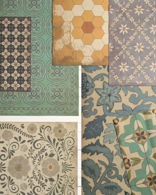 four different types of tile are shown in various colors and patterns, including blue, green, yellow, brown