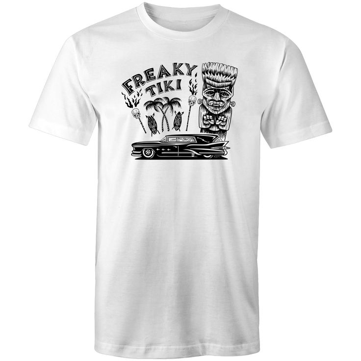 Show off your unique creepy style with the Freaky Tiki t-shirt. This unisex design is perfect for everyday trick-or-treating, after all it's Hula-ween all year around. This design features a franken-tiki, a hot-rod hearse, flaming skull tiki torches and tiki masks - everything you could possibly want! Black print on white t-shirt. AS Colour – Men’s Staple Regular Tee Made from beautifully soft 180 GSM 100% cotton (Grey marle 15% polyester), the t-shirt is super comfy with a great modern cut. Fea White Halloween T-shirt With Front Print, Halloween White T-shirt With Front Print, Retro White Halloween T-shirt, White Pop Culture T-shirt For Halloween, White Graphic T-shirt For Halloween, Halloween White Graphic T-shirt, White Halloween T-shirt With Graphic Design, White Halloween Graphic Design T-shirt, White Horror T-shirt With Crew Neck