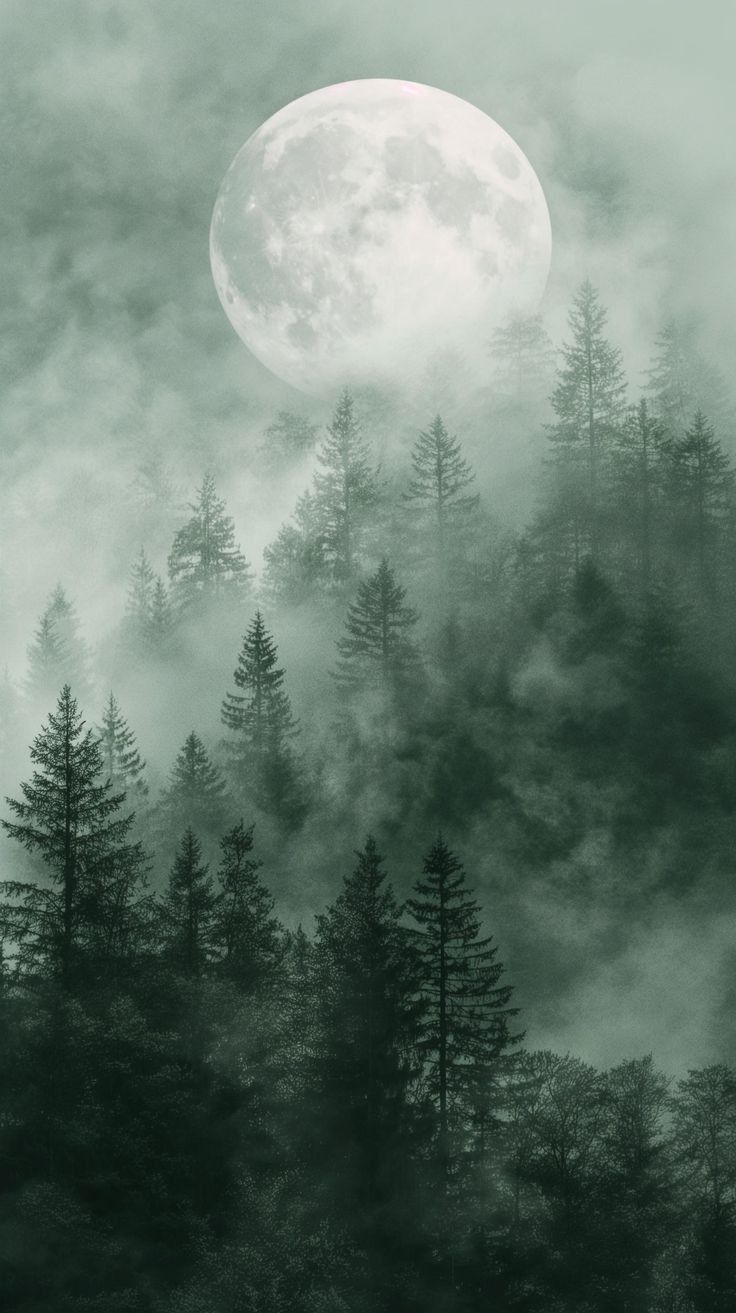 a full moon is seen above some trees in the foggy night sky over a forest