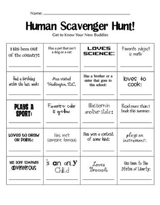 the human scavenger hunt is shown in black and white, with words on it