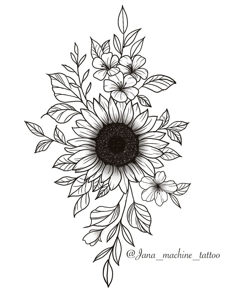 a black and white drawing of a sunflower with leaves on it's side