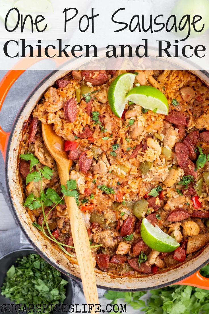 one pot sausage, chicken and rice in a skillet