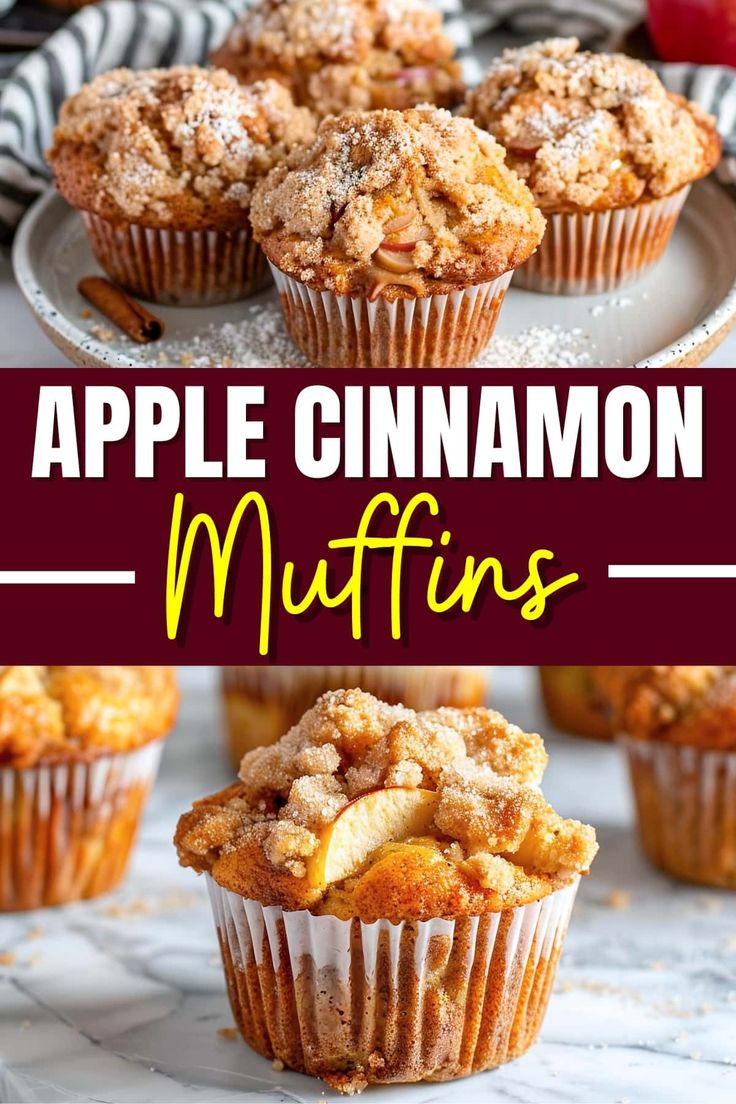 apple cinnamon muffins on a plate with the title above it and below them