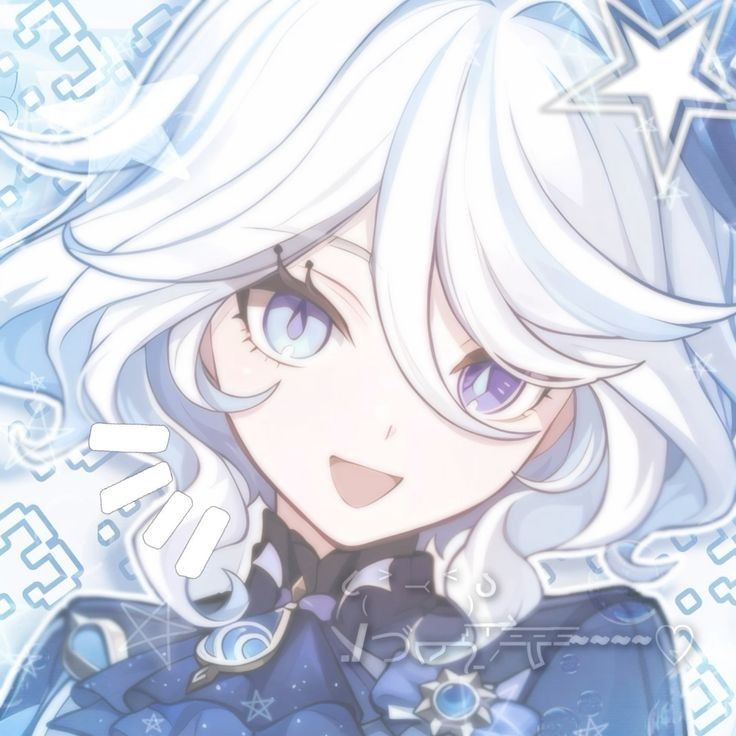 an anime character with white hair and blue eyes, wearing a black outfit in front of snowflakes