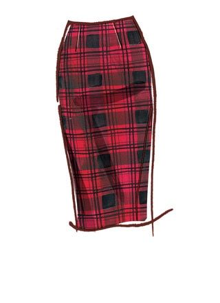 a pencil drawing of a red and black plaid skirt with zippers on the side