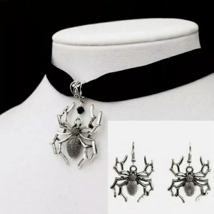 Spider Necklace & Earrings Set. Black Velvet Choker Necklace. Spiders Are Silvertone Alloy W/Antique Finish. Necklace Is Adjustable. Earrings Are Hook Style Posts. Silver Alloy Jewelry For Evening, Black Alloy Halloween Jewelry, Black Alloy Jewelry For Halloween, Metal Halloween Party Jewelry, Gothic Metal Jewelry For Party, Elegant Adjustable Halloween Jewelry, Gothic Dangle Earrings For Party, Gothic Dangle Jewelry For Party, Gothic Silver Alloy Jewelry