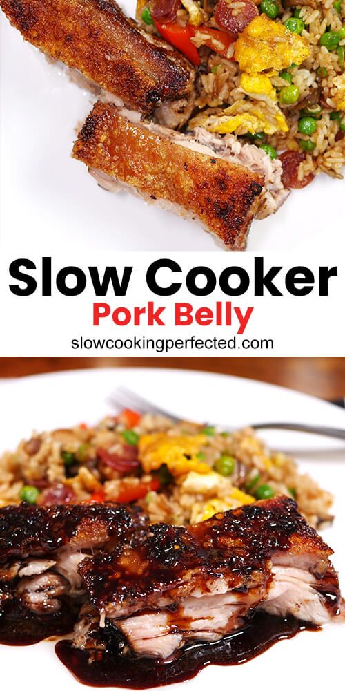 slow cooker pork belly with rice and vegetables on the side, in front of a plate