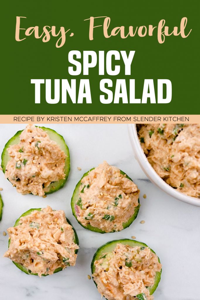 the recipe for spicy tuna salad is shown in small cucumbers