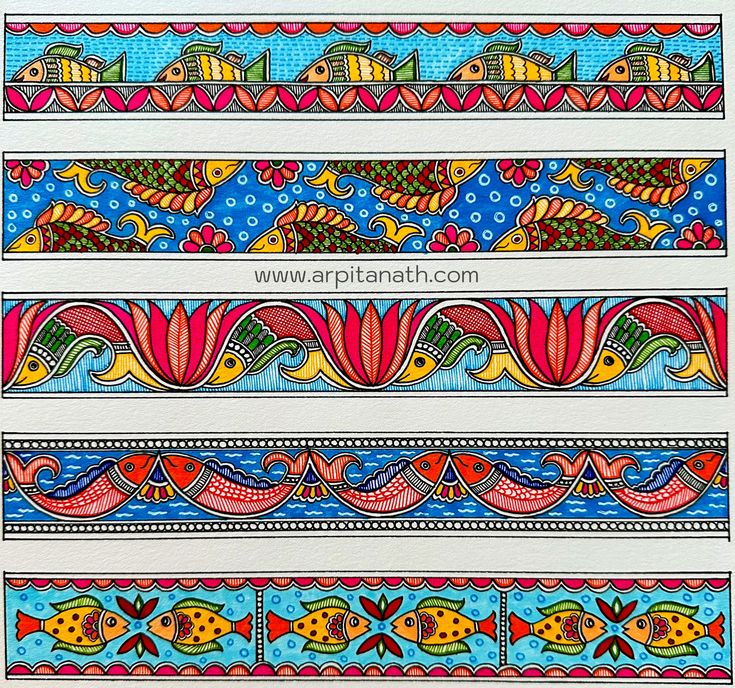 four different colored designs on white paper with blue and red colors, each featuring fish