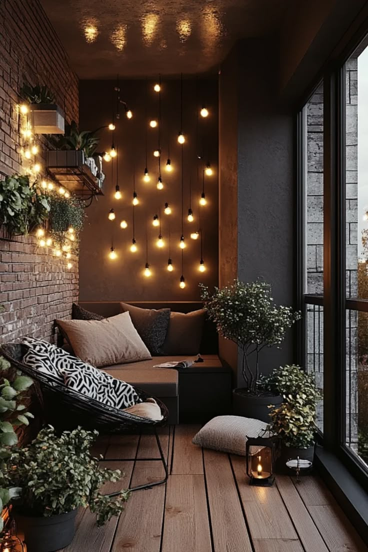 This pin showcases stylish transformation ideas for balcony decor, focusing on cozy setups for outdoor living. It includes cozy seating arrangements, colorful plants, and elegant accessories to inspire your outdoor space Outdoor Living Balcony, Small Patio Balcony Ideas, Apartment Balcony Inspiration, House Balcony Design Exterior, Apartment Small Balcony Decorating, Cozy Apartment Patio Ideas, Balcony Set Up, Outdoor Balcony Lighting Ideas, Cozy Terrace Ideas