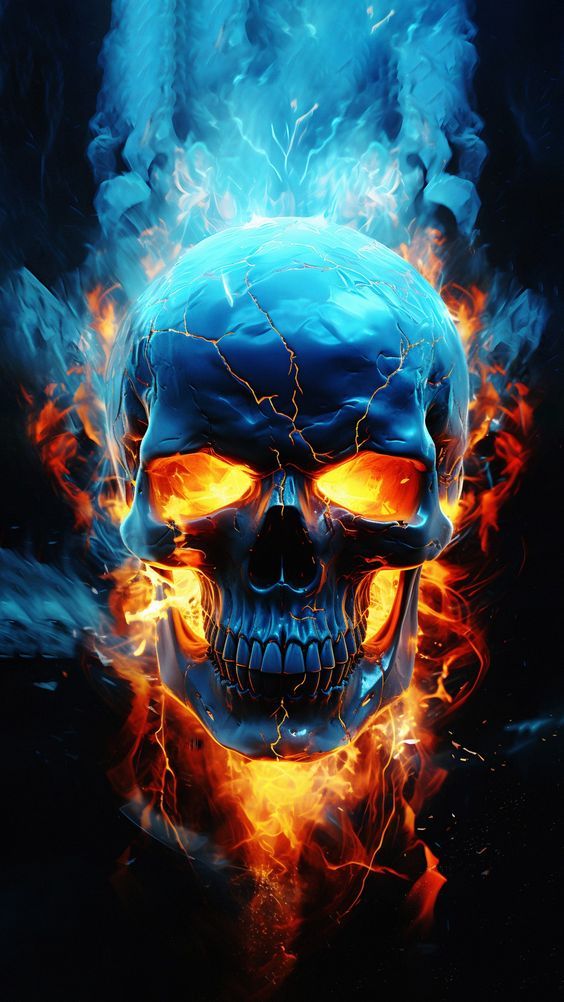 a blue skull with flames in the background