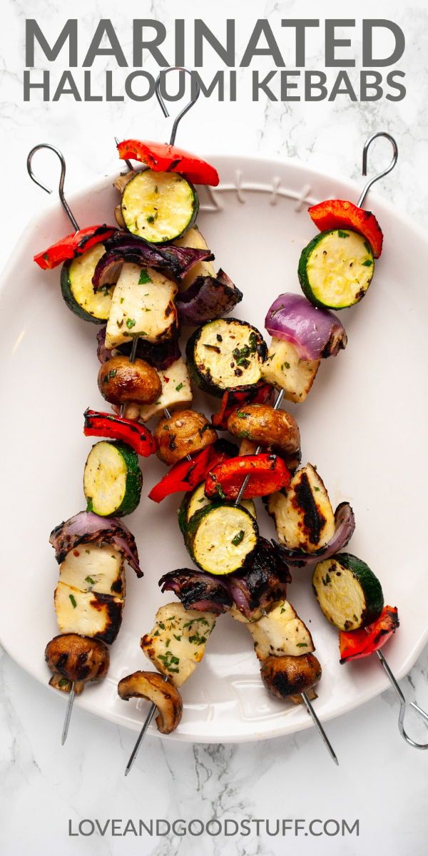 grilled vegetable kabobs with marinated halloui kebabs on a white plate