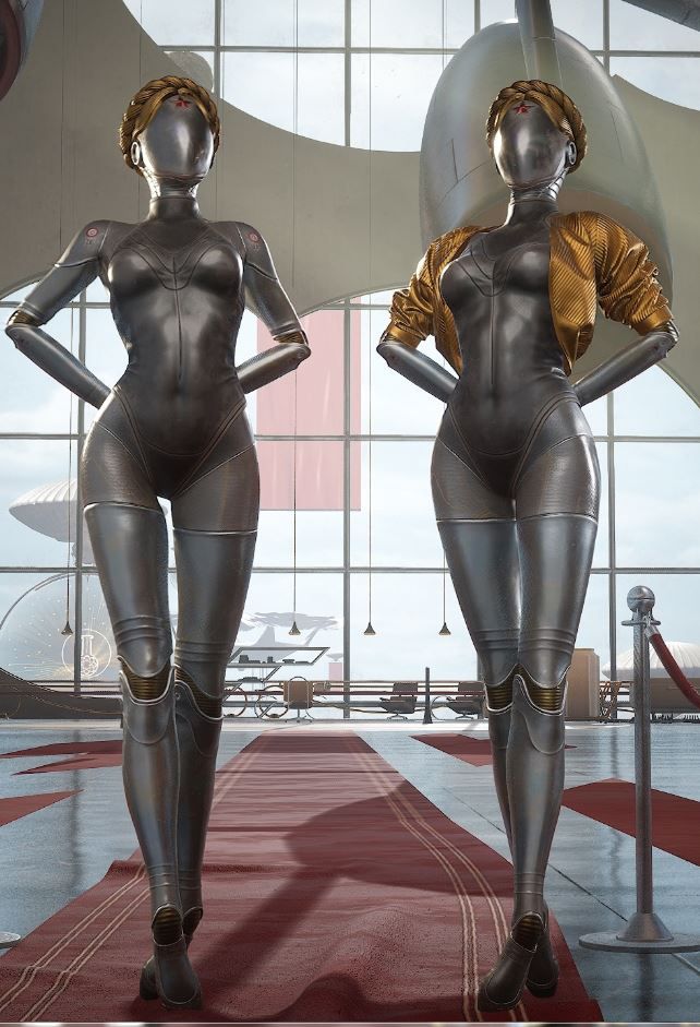 two mannequins are standing in front of large windows