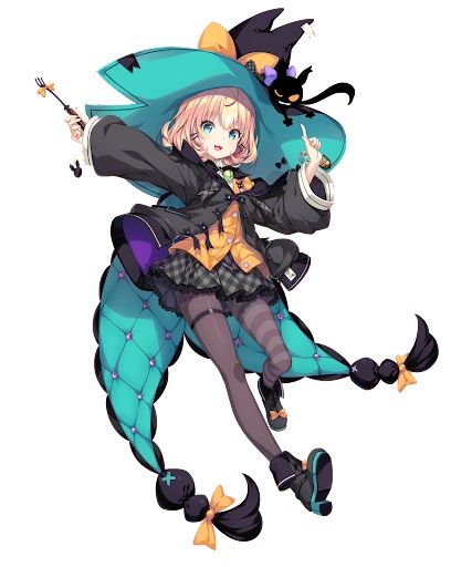 an anime character is flying through the air with her legs spread out and wearing a witches costume