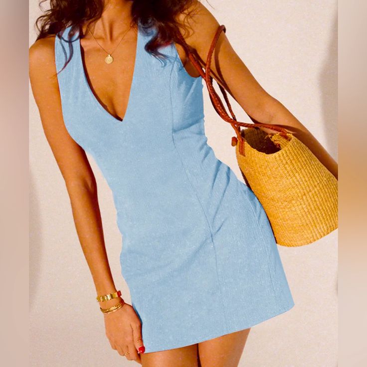 This Dress Fit Perfect And Is Flattering On Your Figure. The Color And Material Are Nice. It's A Classic Cut, So You Are Able To Wear It A Few Different Ways. -Size Small -Color Baby Blue Fitted Sleeveless Summer Dress In Light Blue, Fitted Light Blue Sleeveless Summer Dress, Light Blue Sleeveless Mini Dress For Vacation, Light Blue Sleeveless Mini Dress For Beach, Light Blue Sleeveless Mini Dress For The Beach, Chic Light Blue Sleeveless Mini Dress, Fitted Light Blue Sleeveless Dress For Vacation, Light Blue Sleeveless Mini Dress For Day Out, Chic Light Blue Mini Sleeveless Dress