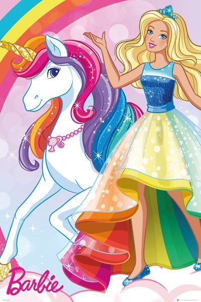 barbie the princess and her unicorn are in front of a rainbow - colored background with words barbie