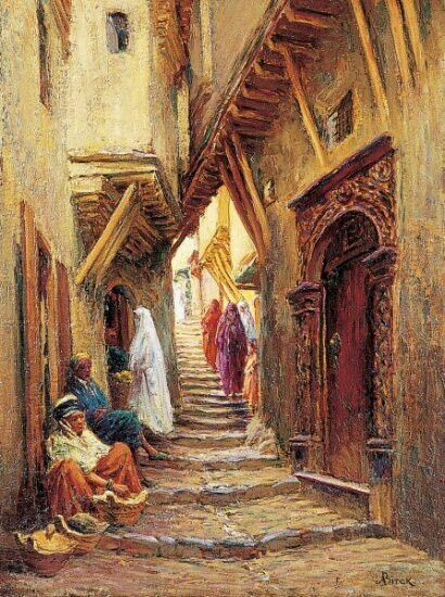 a painting of some people sitting on the steps in front of an alleyway with stairs leading up to them