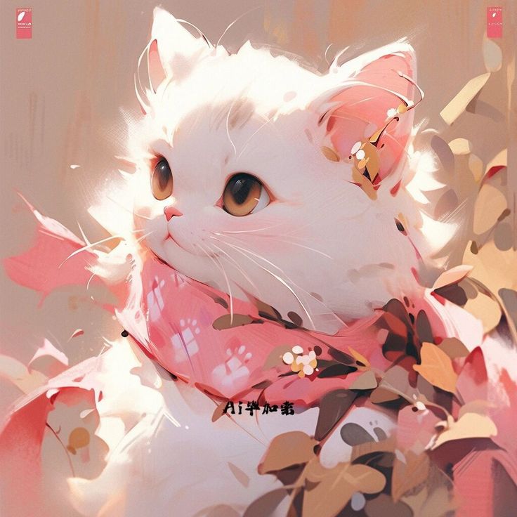 a white cat wearing a pink scarf with flowers on it's neck and eyes